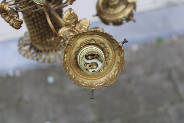 Antique french Bronze brass putti cherub floral basket chandelier lamp