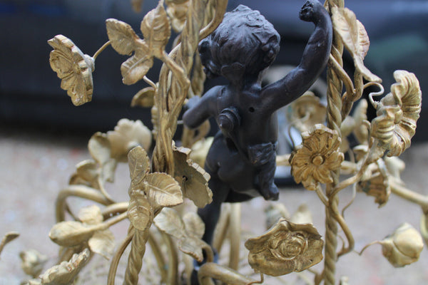 Antique french Bronze brass putti cherub floral basket chandelier lamp