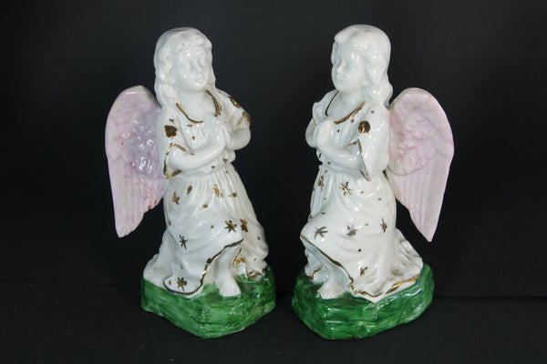 PAIR antique porcelain angel religious praying figurine statue