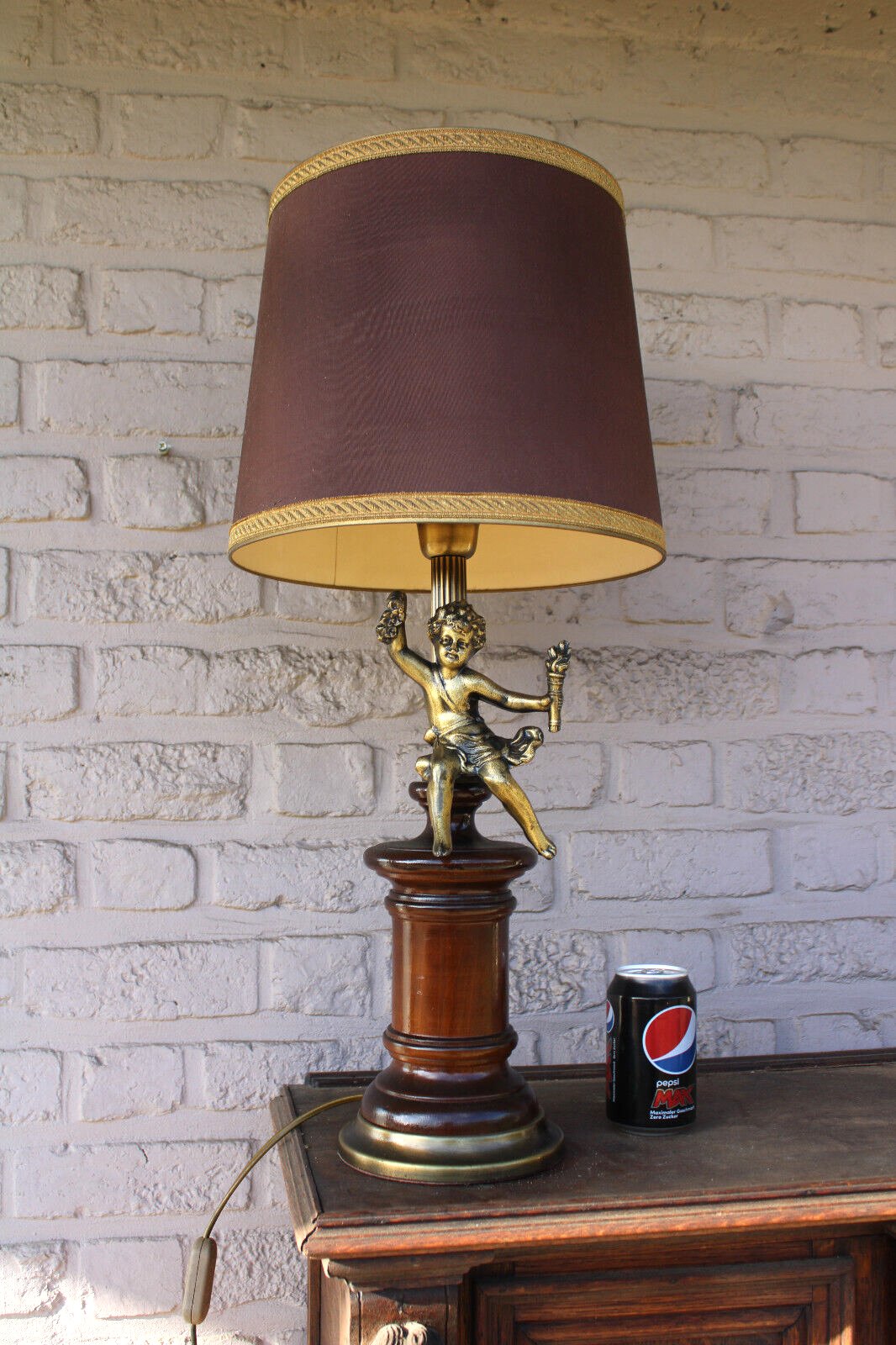 Vintage French Brass Wood putti cherub table lamp