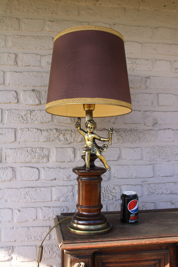 Vintage French Brass Wood putti cherub table lamp