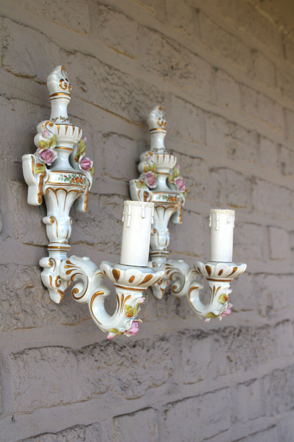 PAIR vintage MANGANI signed italian porcelain wall lights sconces