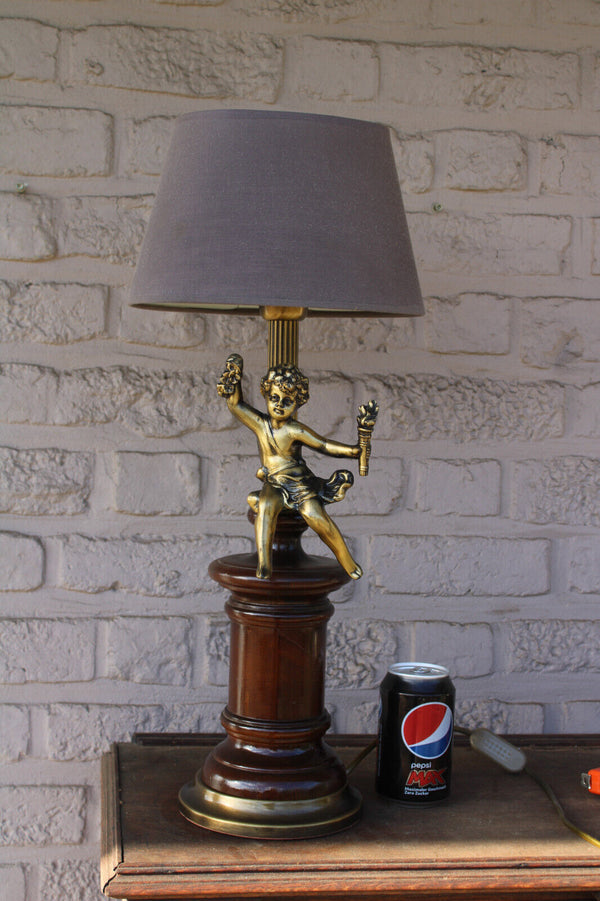 Vintage French Brass Wood putti cherub table lamp