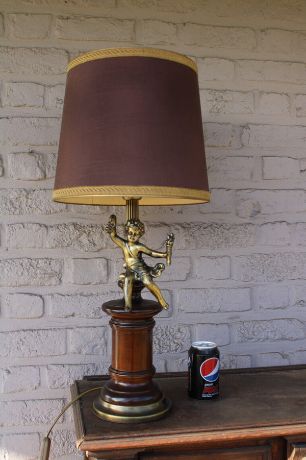 Vintage French Brass Wood putti cherub table lamp