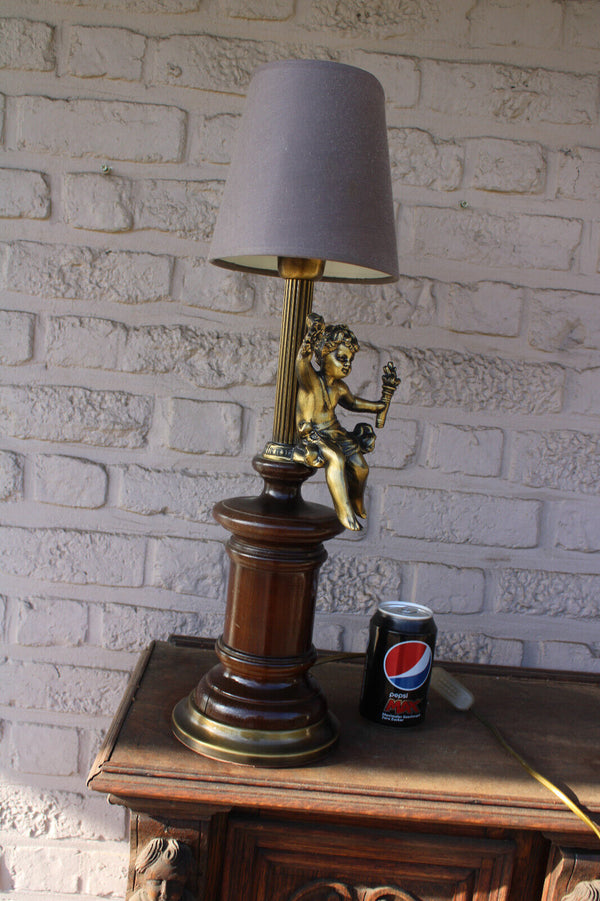 Vintage French Brass Wood putti cherub table lamp