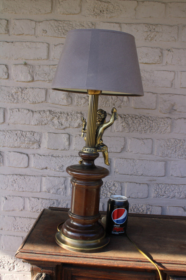 Vintage French Brass Wood putti cherub table lamp