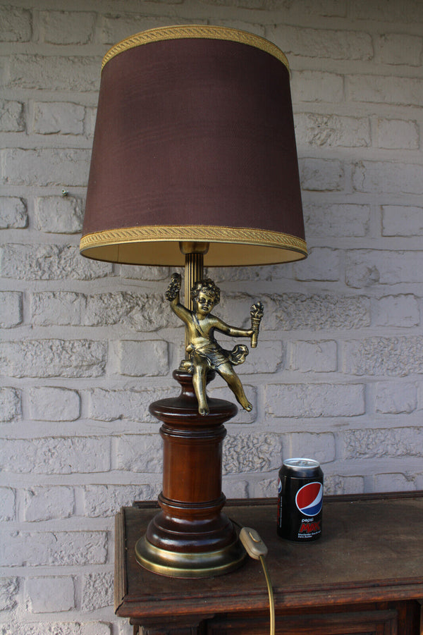 Vintage French Brass Wood putti cherub table lamp