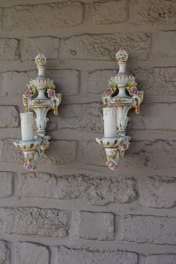 PAIR vintage MANGANI signed italian porcelain wall lights sconces