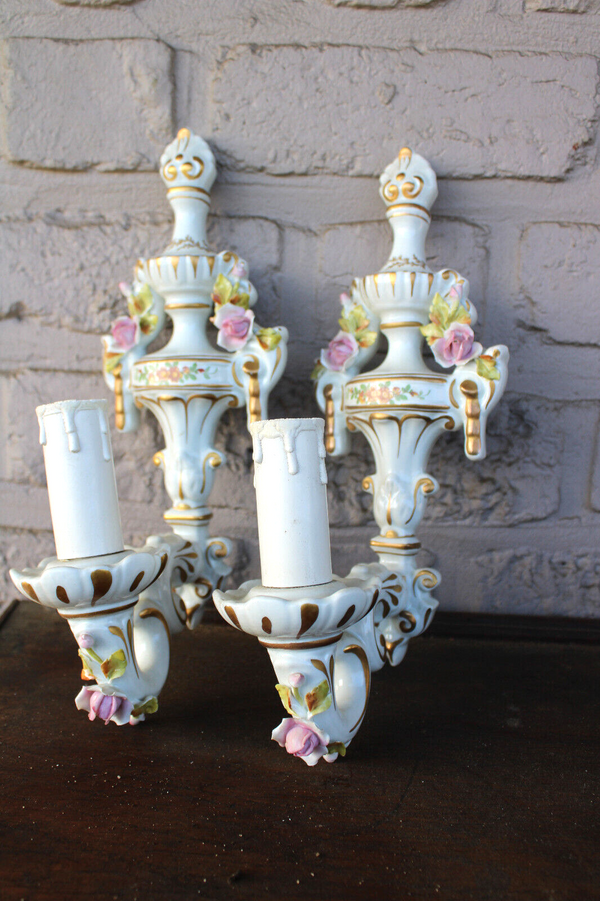 PAIR vintage MANGANI signed italian porcelain wall lights sconces