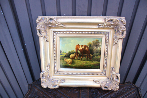 Flemish school oil panel cows sheep landscape scene  painting signed