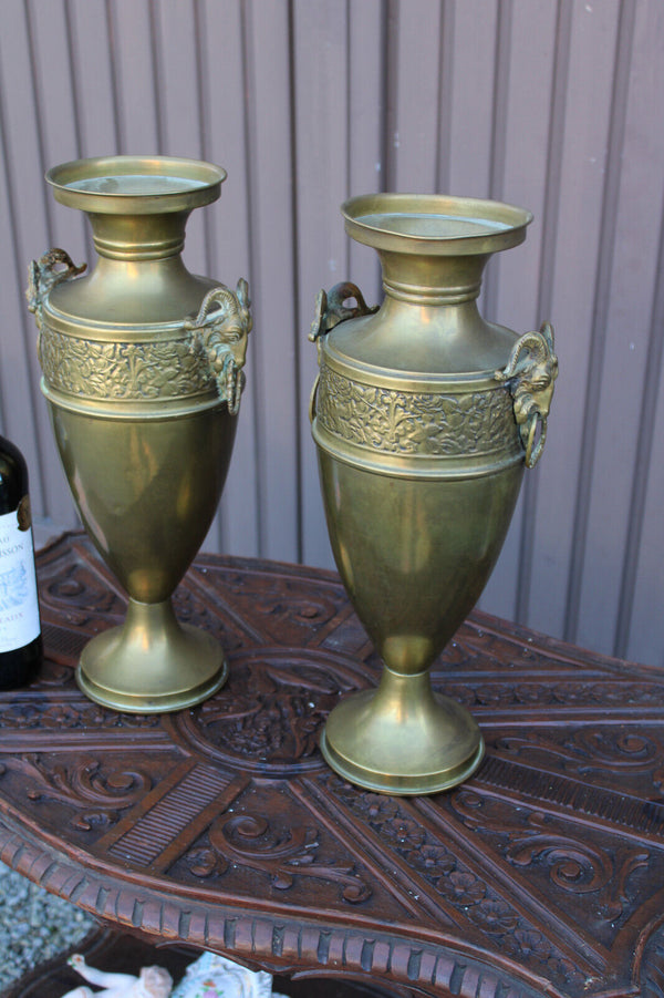 PAIR antique copper ram heads vases