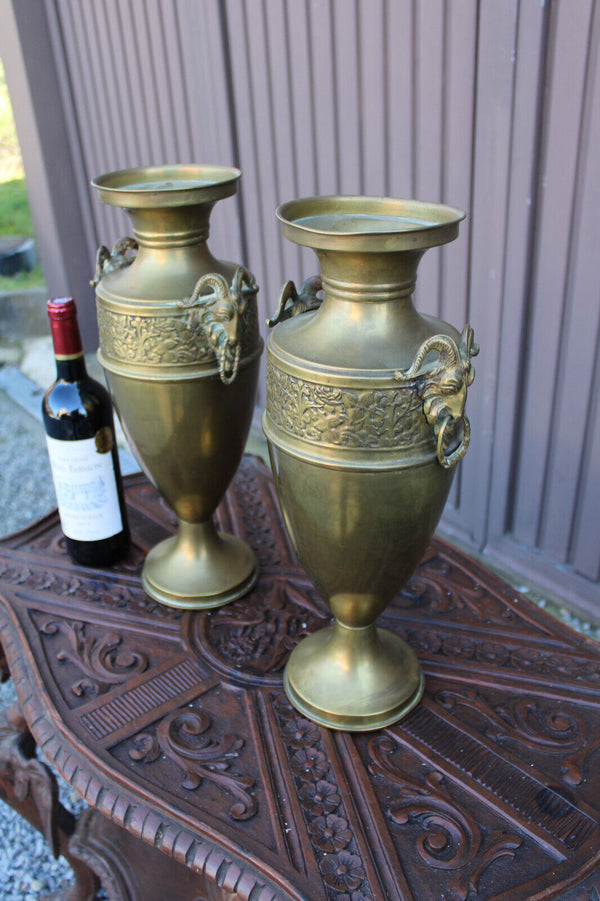 PAIR antique copper ram heads vases