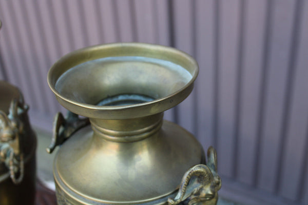 PAIR antique copper ram heads vases