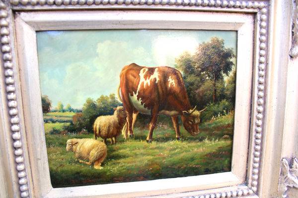 Flemish school oil panel cows sheep landscape scene  painting signed