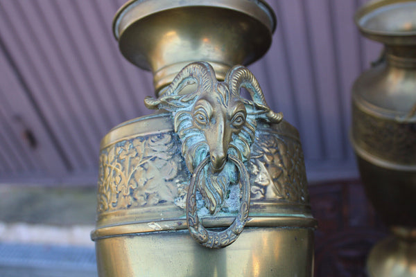 PAIR antique copper ram heads vases