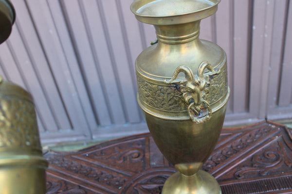 PAIR antique copper ram heads vases