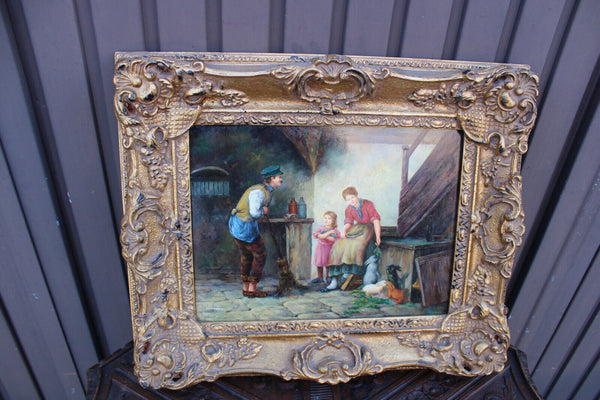 Flemish school oil panel family rabbits feed  painting signed