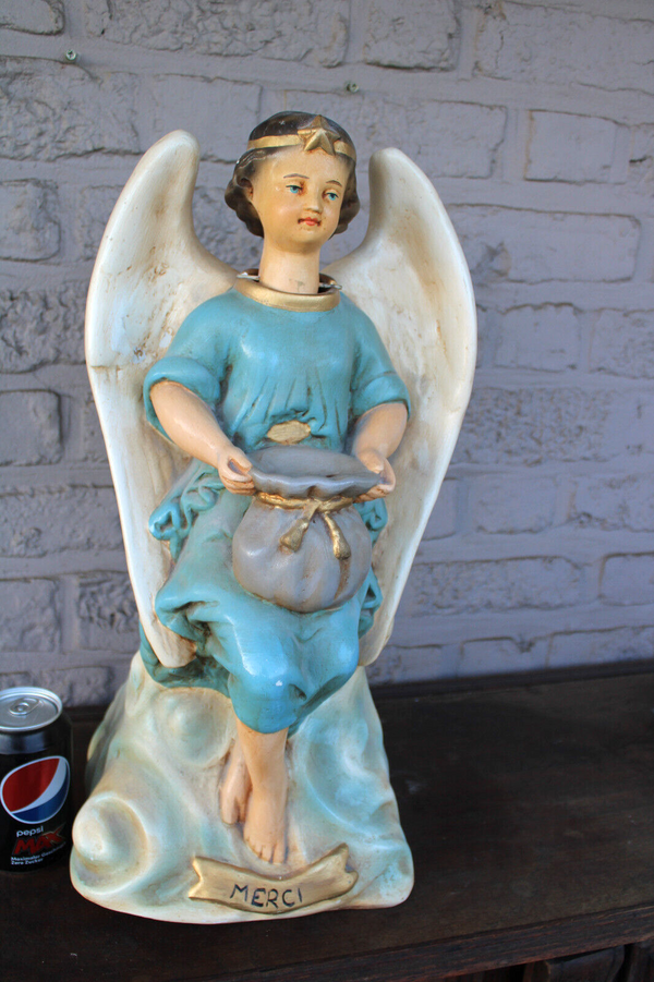 Antique LARGE french ceramic chalk nodding angel missionary piggy bank