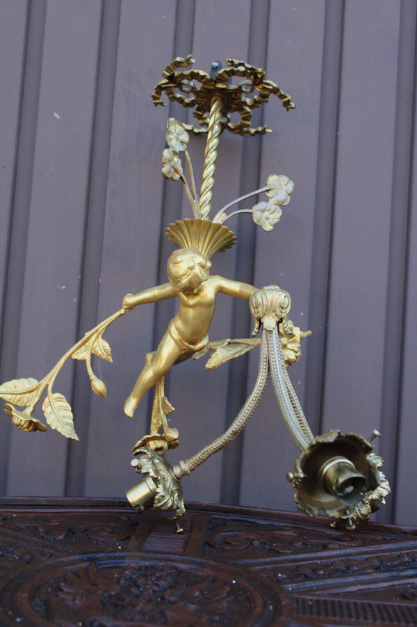 French bronze putti angel 3 arm Chandelier pendant lamp floral decor rare