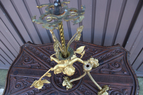 French bronze putti angel 3 arm Chandelier pendant lamp floral decor rare