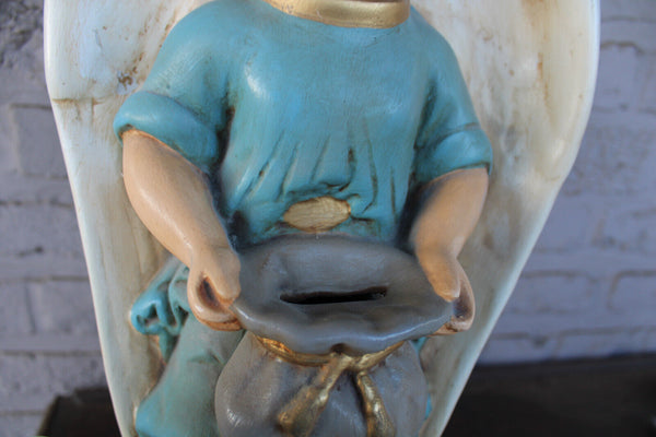 Antique LARGE french ceramic chalk nodding angel missionary piggy bank