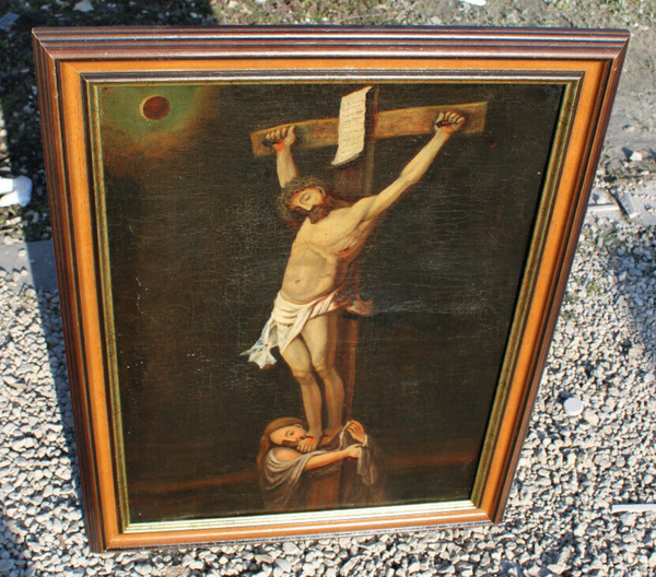 Antique french oil canvas painting crucifix mary magdalene cross jesus