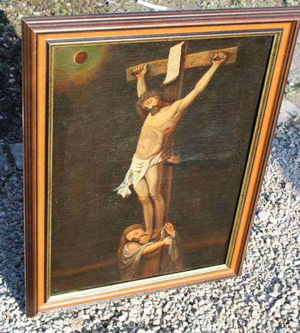 Antique french oil canvas painting crucifix mary magdalene cross jesus