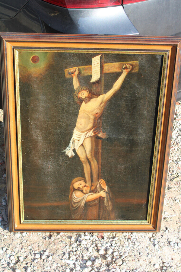 Antique french oil canvas painting crucifix mary magdalene cross jesus