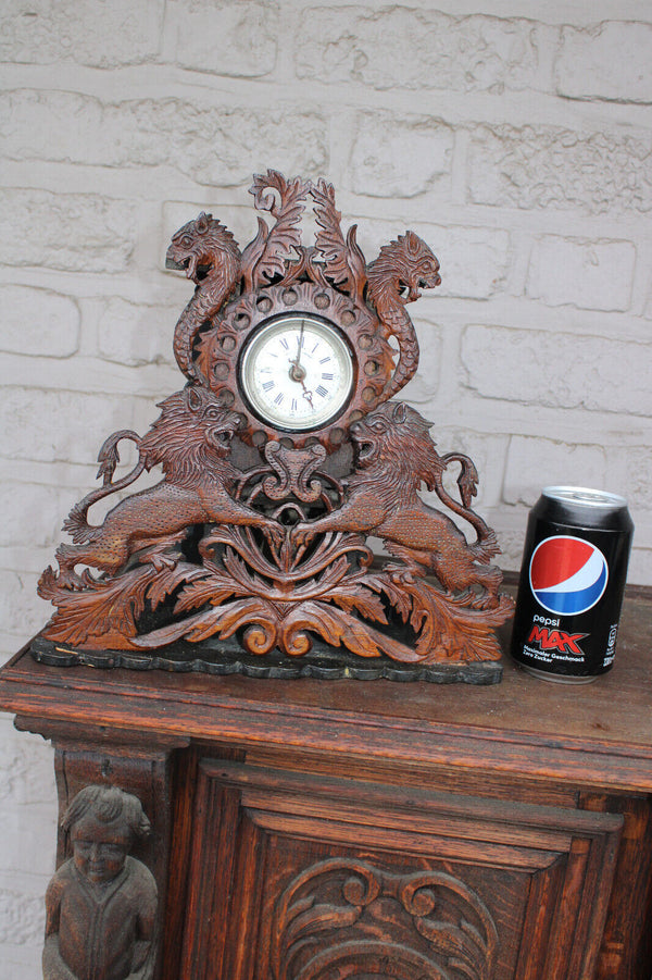 Antique rare black forest wood carved clock lions dragons