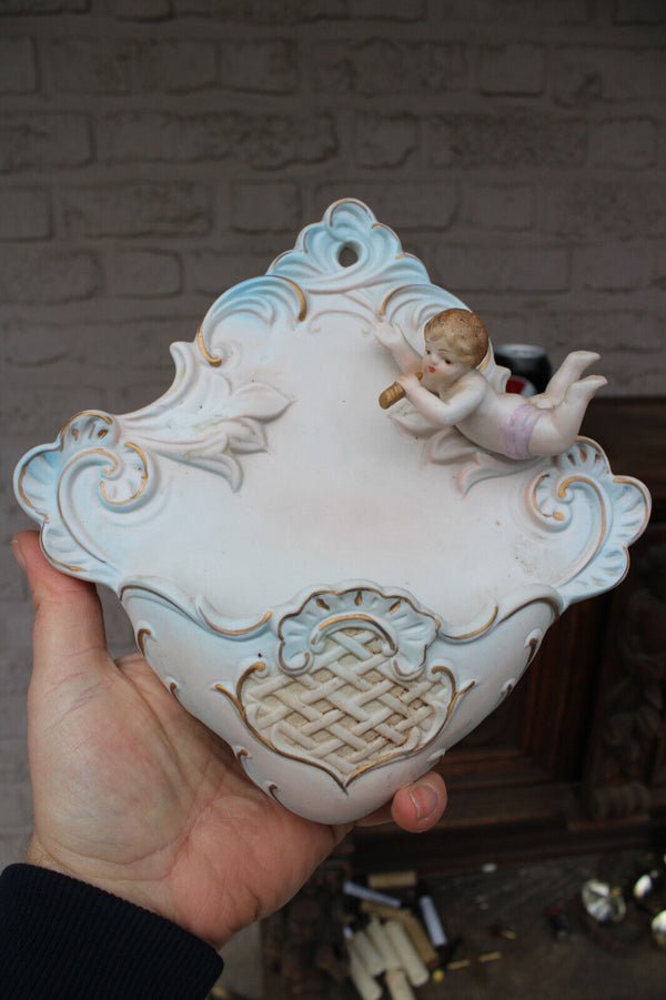 Antique french porcelain putti angel holy water font religious