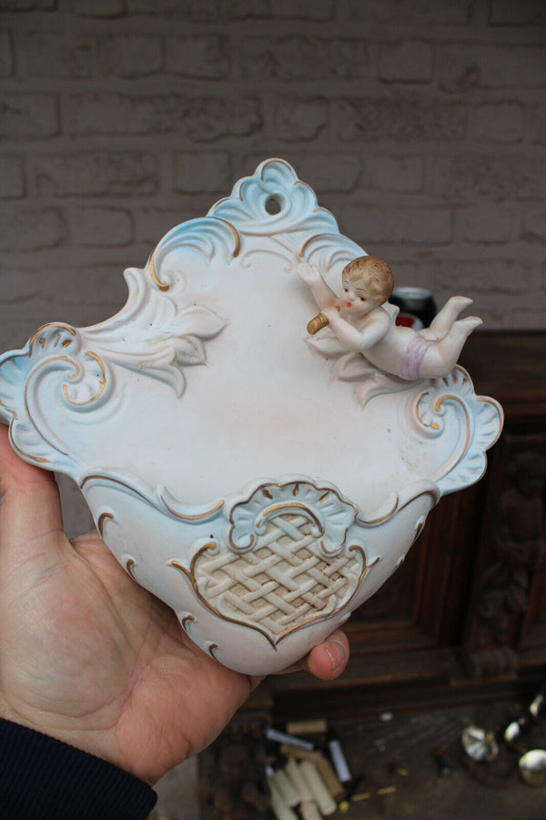 Antique french porcelain putti angel holy water font religious