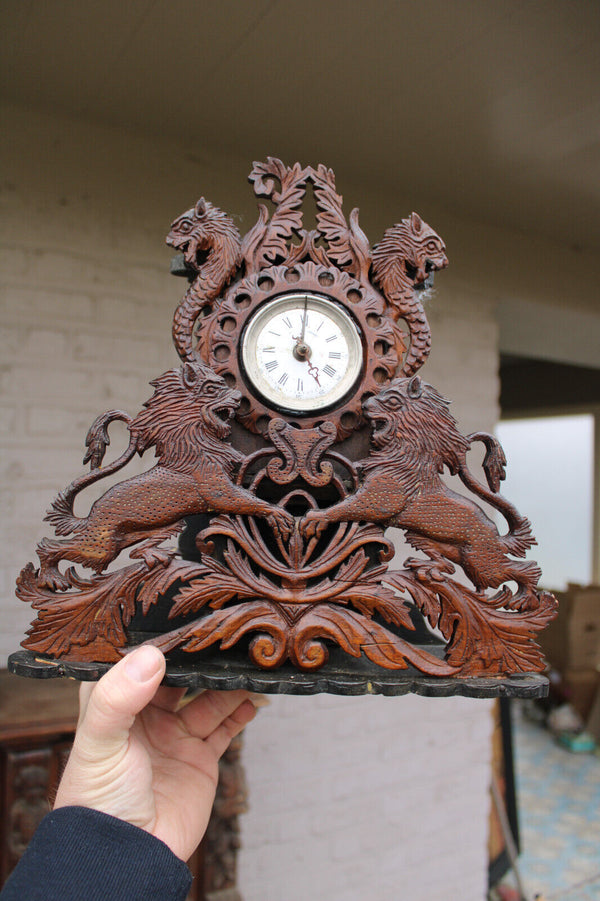 Antique rare black forest wood carved clock lions dragons
