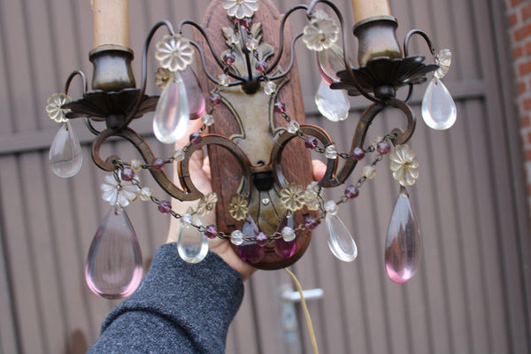 PAIR antique French wood murano glass drops Wall lights sconces