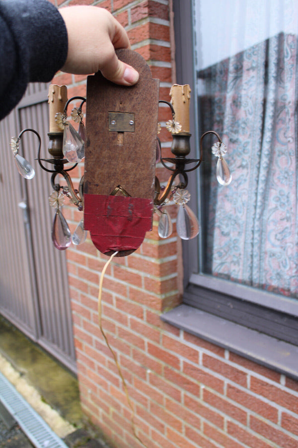 PAIR antique French wood murano glass drops Wall lights sconces