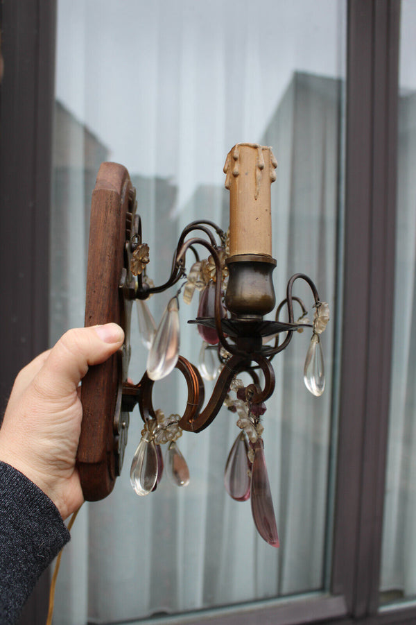 PAIR antique French wood murano glass drops Wall lights sconces