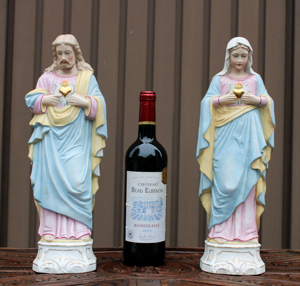 antique french pair Bisque porcelain paster color Sacred heart jesus mary statue