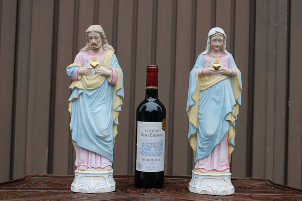 antique french pair Bisque porcelain paster color Sacred heart jesus mary statue