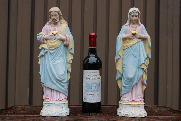 antique french pair Bisque porcelain paster color Sacred heart jesus mary statue