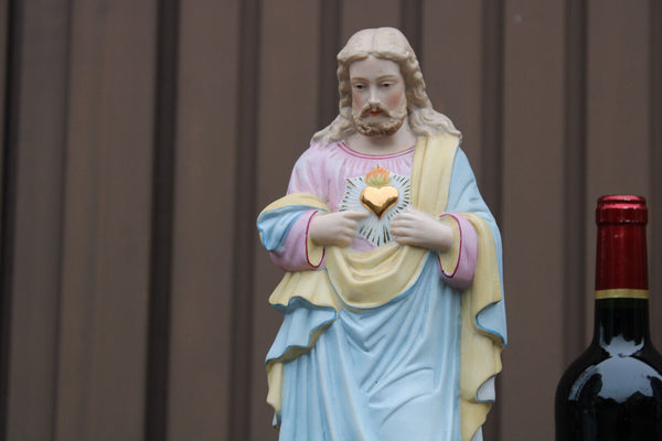 antique french pair Bisque porcelain paster color Sacred heart jesus mary statue