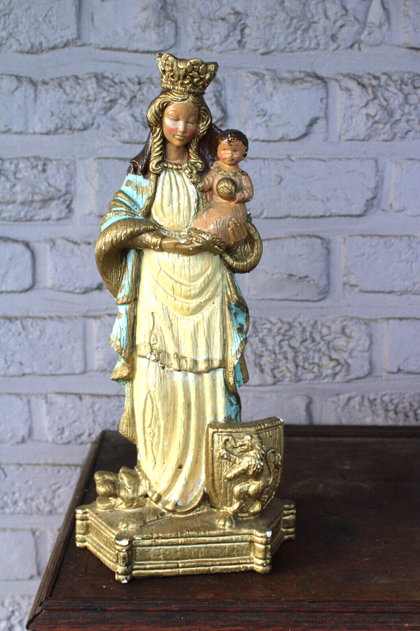 Antique ceramic chalk our lady of flanders lion snake statue signed Merlini