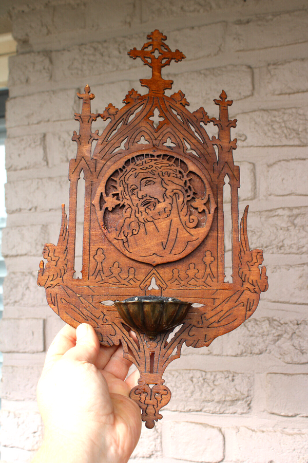 Vintage 1970 french wood cut wall holy water font christ head angels