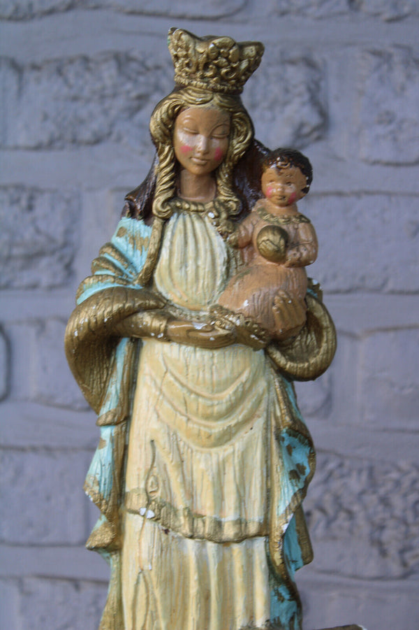 Antique ceramic chalk our lady of flanders lion snake statue signed Merlini