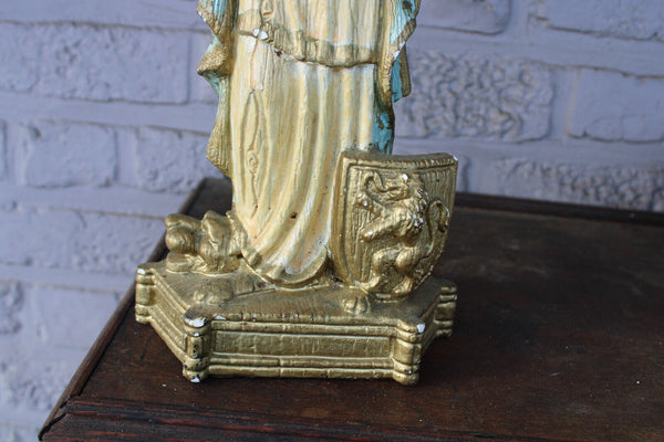 Antique ceramic chalk our lady of flanders lion snake statue signed Merlini