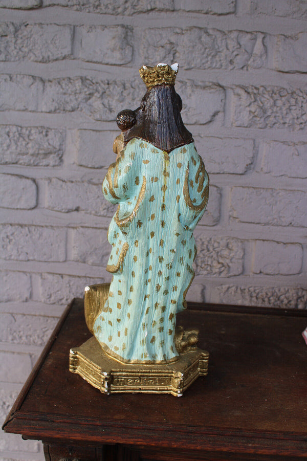 Antique ceramic chalk our lady of flanders lion snake statue signed Merlini