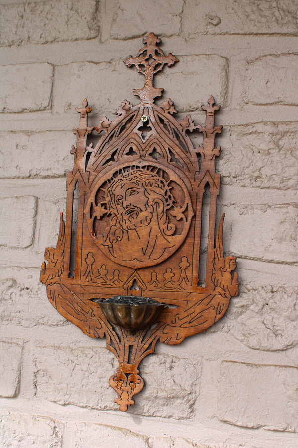 Vintage 1970 french wood cut wall holy water font christ head angels