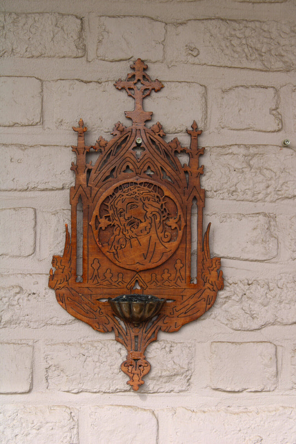 Vintage 1970 french wood cut wall holy water font christ head angels