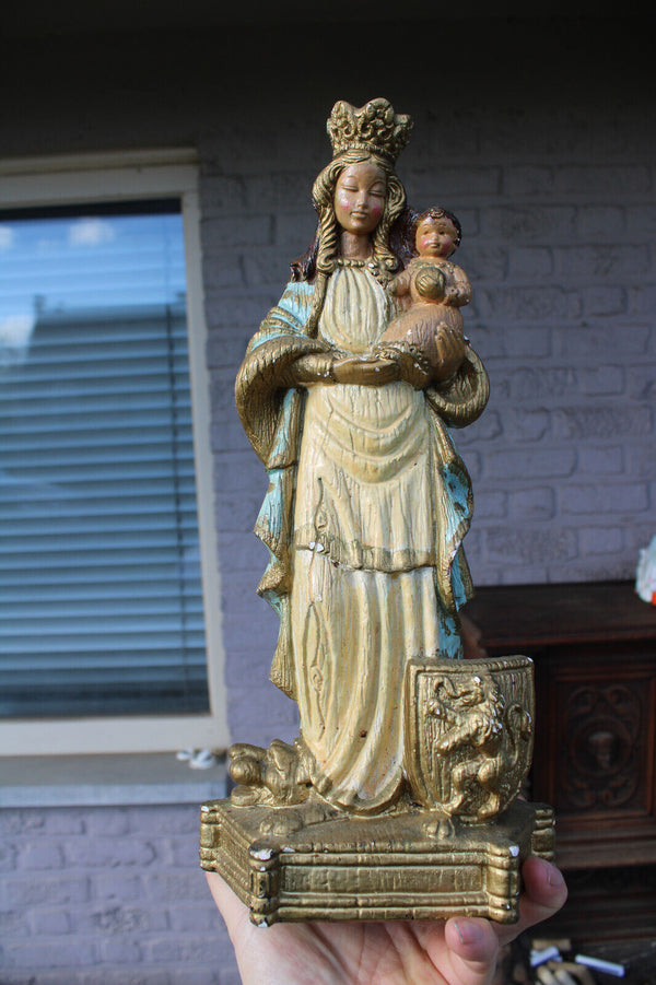 Antique ceramic chalk our lady of flanders lion snake statue signed Merlini