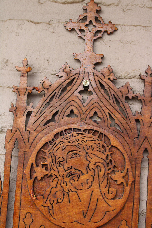 Vintage 1970 french wood cut wall holy water font christ head angels