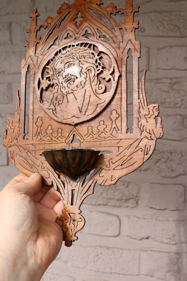 Vintage 1970 french wood cut wall holy water font christ head angels