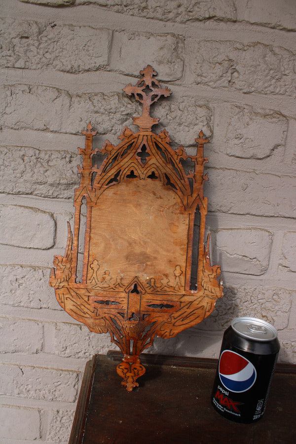 Vintage 1970 french wood cut wall holy water font christ head angels